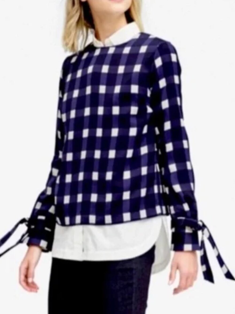 Banana Republic Navy and White Gingham Tie Sleeve Top